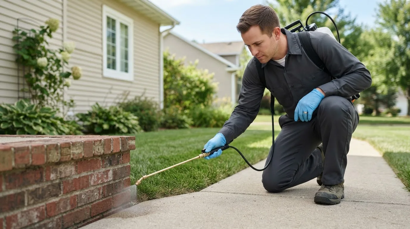 Pest control technician treating a home near Midland, PA